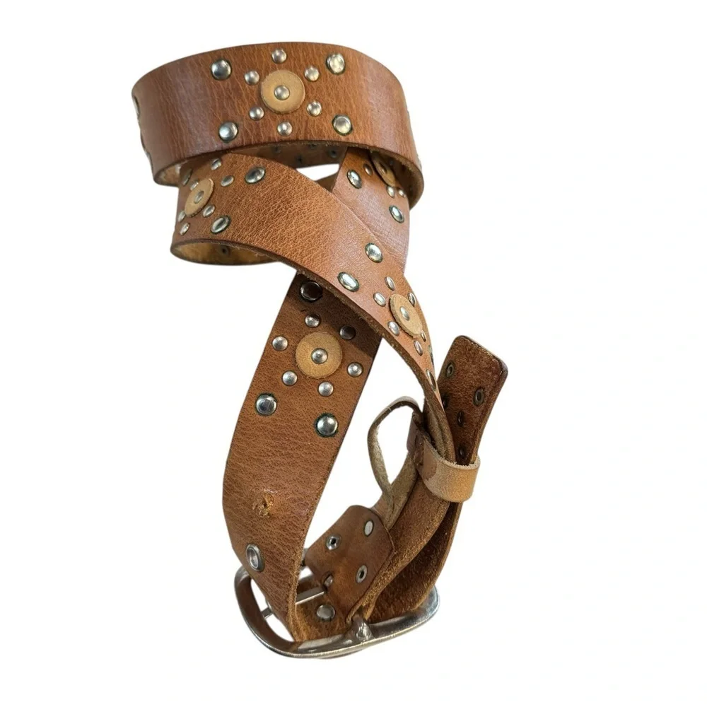Calvin Klein Studded Leather Belt | Brown Western Boho | Silver Buckle XL